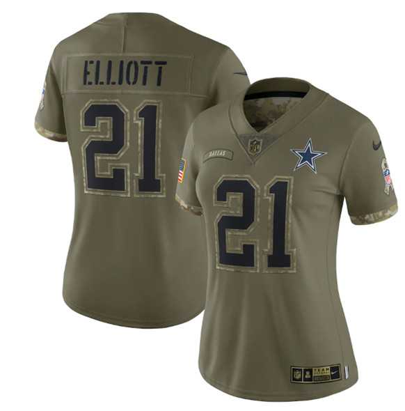 Womens Dallas Cowboys #21 Ezekiel Elliott 2022 Olive Salute To Service Limited Stitched Jersey(Run Small) Dyin